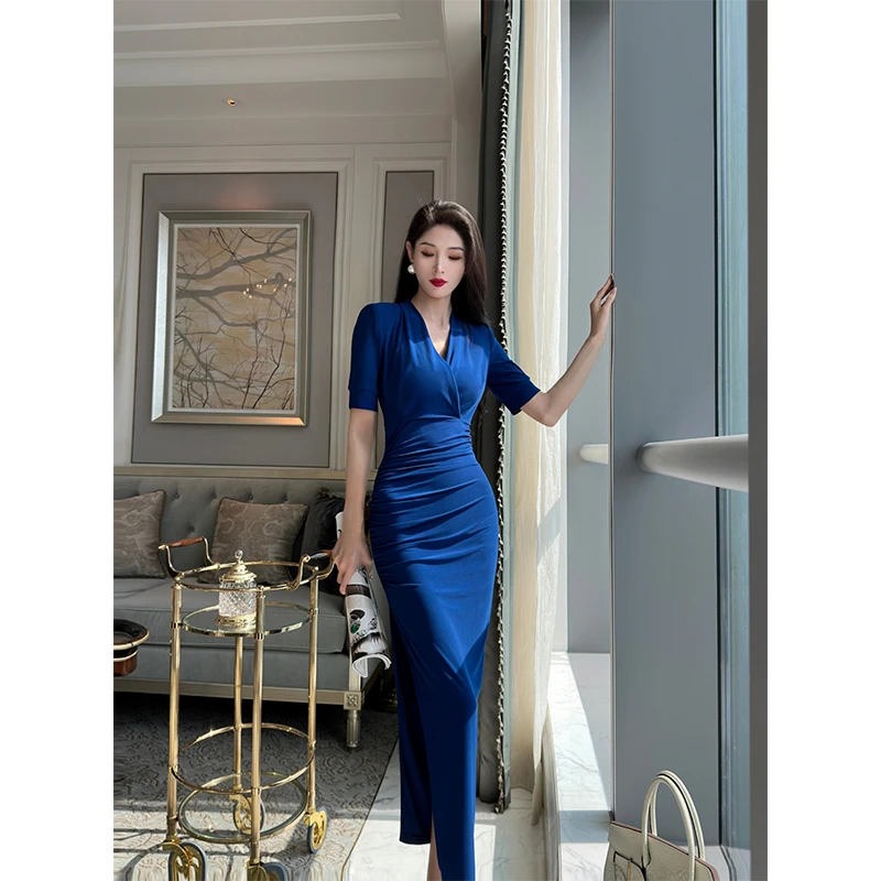 尤克菲儿原创简约夏季纯色水晶麻开叉修身褶皱性感高腰连衣裙