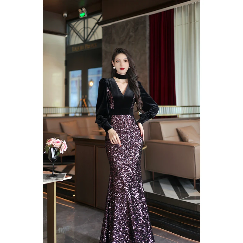 【尤克菲儿】原创轻奢高定亮片拼接丝绒名媛气质优雅修身连衣裙