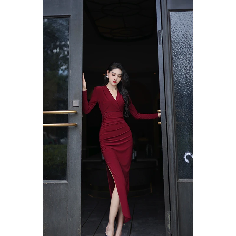 【尤克菲儿】原创设计秋季水晶麻纱修身包臀紧身气质性感连衣裙