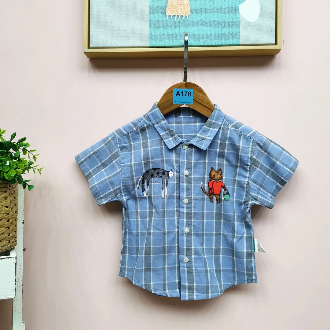 优儿宝贝【老人与海】夏季儿童衬衫1121202小童宝宝韩版纯棉格衬衣