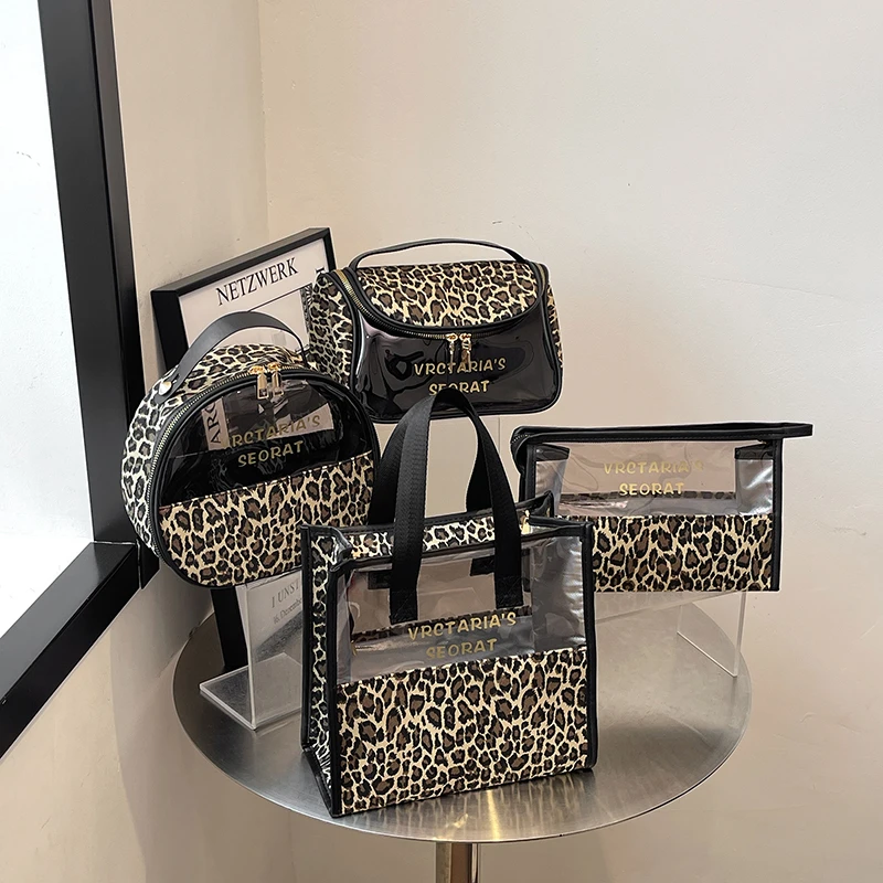 新款手提时尚豹纹半透明手拎洗漱包化妆包便携式化妆袋通勤小包女