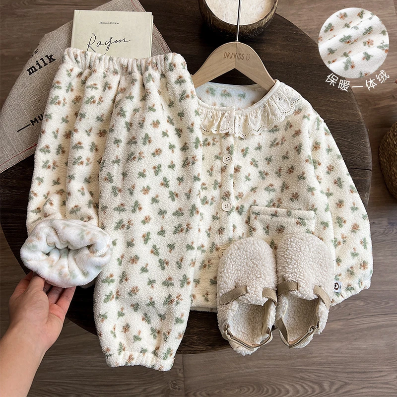 儿童睡衣秋冬女孩女童碎花保暖衣加厚珊瑚绒女宝宝加绒家居服冬季