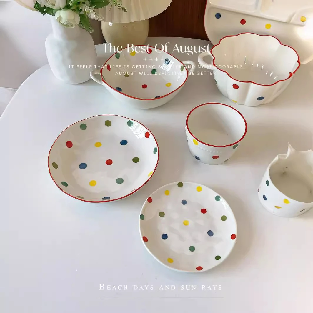 彩色波点ins风陶瓷碗韩式碗盘高颜值米饭碗汤碗陶瓷家用盘子碗盘