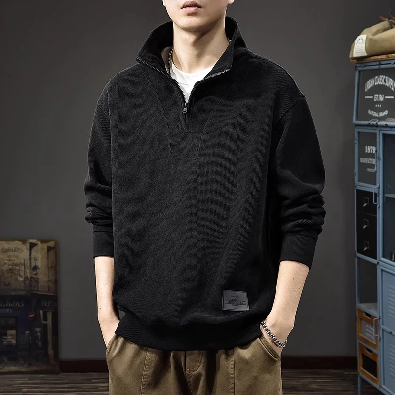 秋季新款半拉链立领男士卫衣秋冬加绒雪尼尔上衣潮牌痞帅休闲外套