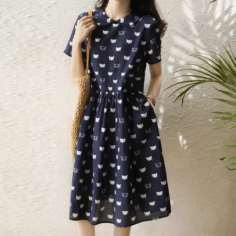 2024韩版娃娃领短袖简约百搭连衣裙女印花小猫裙子宽松显瘦裙子