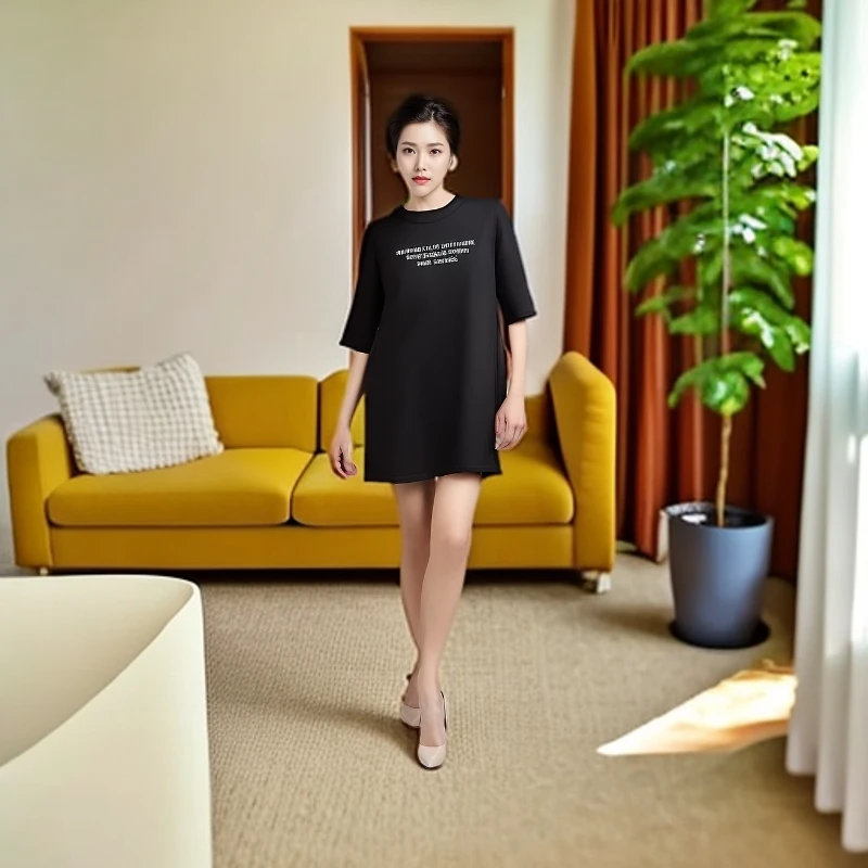 长袖时尚休闲夏季黑色中长款印花圆领针织连衣裙显瘦气质轻奢女士