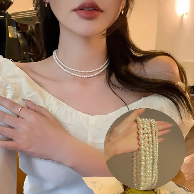 非金属仿珍珠项链 仿珍珠锁骨项链女短长款精致简单素链高级感