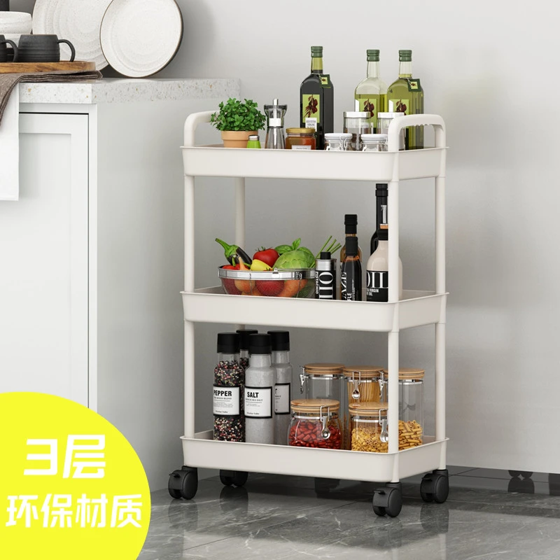 3层黑白厨房置物架落地收纳架储物架儿童书架带轮子可移动2A