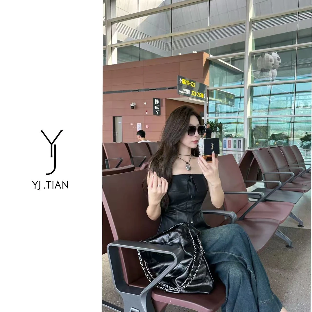 YJ.TIAN【心动捕手】 欧美风甜辣酷飒pu吊带上衣-6058