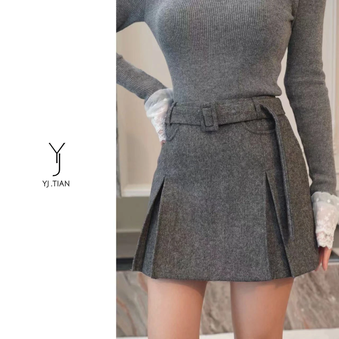 YJ.TIAN【甜辣女高】韩风气质高腰系带A版毛呢半裙-7191
