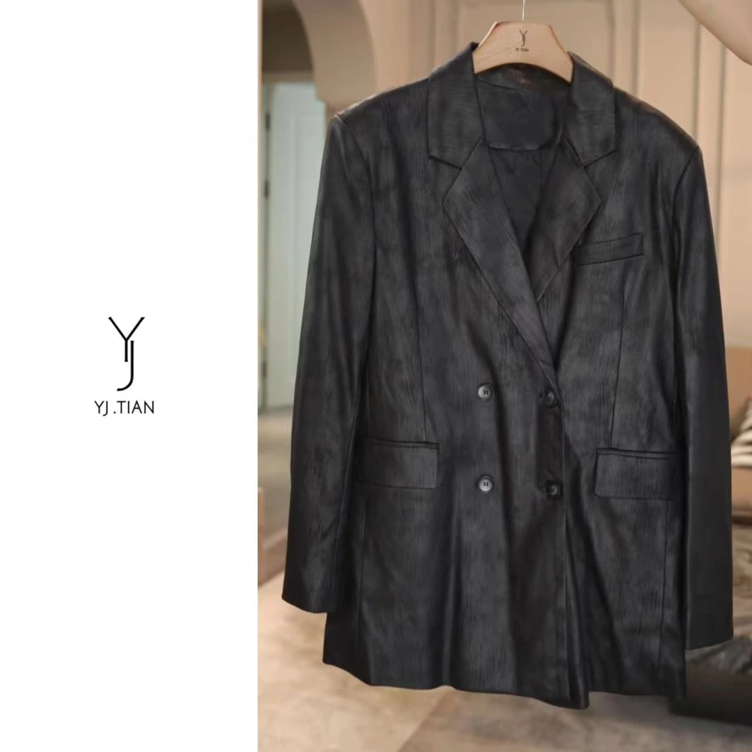 YJ.TIAN复古时髦做旧肌理感双排扣西装外套-88537