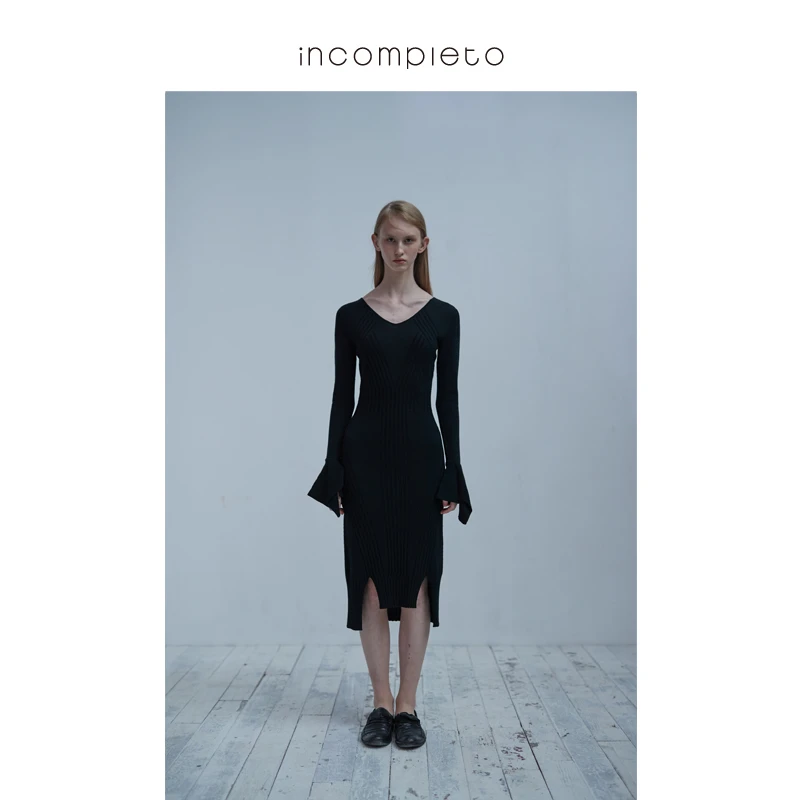 incompleto/若缺 马蹄袖修身羊毛针织打底连衣裙 I18FW24