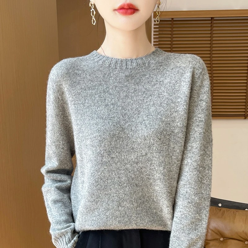 无缝加厚圆领100%羊毛衫女纯色毛衣宽松百搭显瘦羊毛针织打底衫