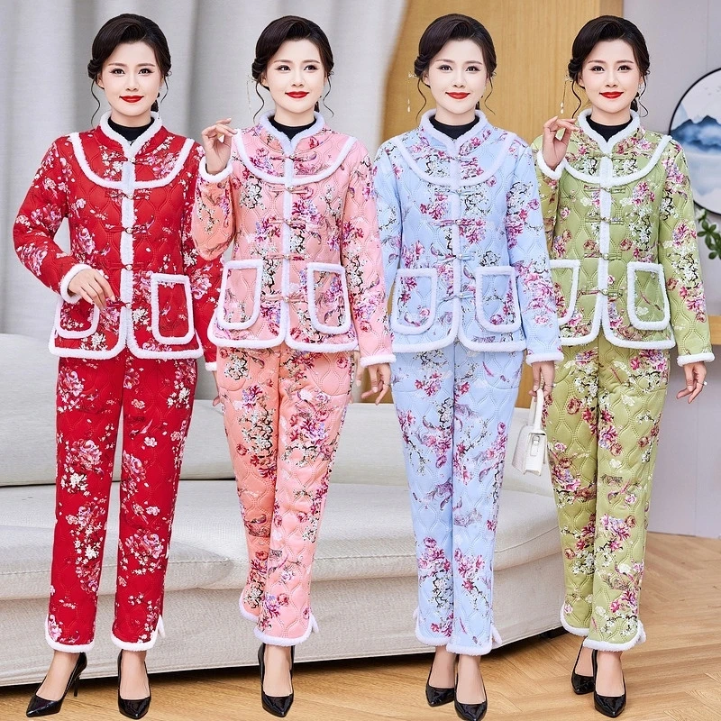 网红东北大花妈妈装棉袄民族风冬季加绒国风复古盘扣棉衣棉服套装