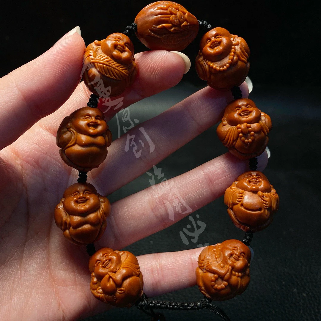 橄榄核老料念珠雕刻「一心向佛弥勒」手串男女盘玩手串