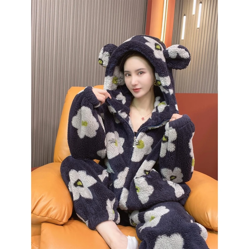 冬季新款睡衣加绒加厚连帽藏蓝色花瓣百搭家居服时尚套装