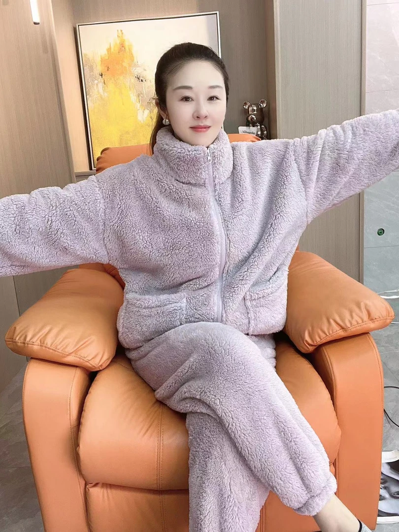 男女同款冬季新款女士睡衣加绒加厚立领百搭家居服套装保暖宽松