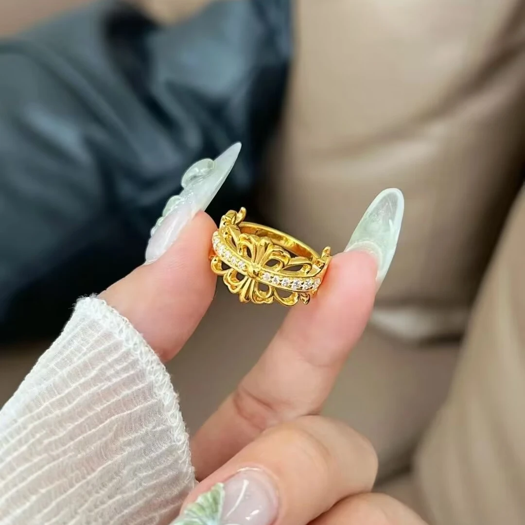 瑞诺黄金十字戒指新款足金999时尚小众皇冠戒指生日礼物送女友