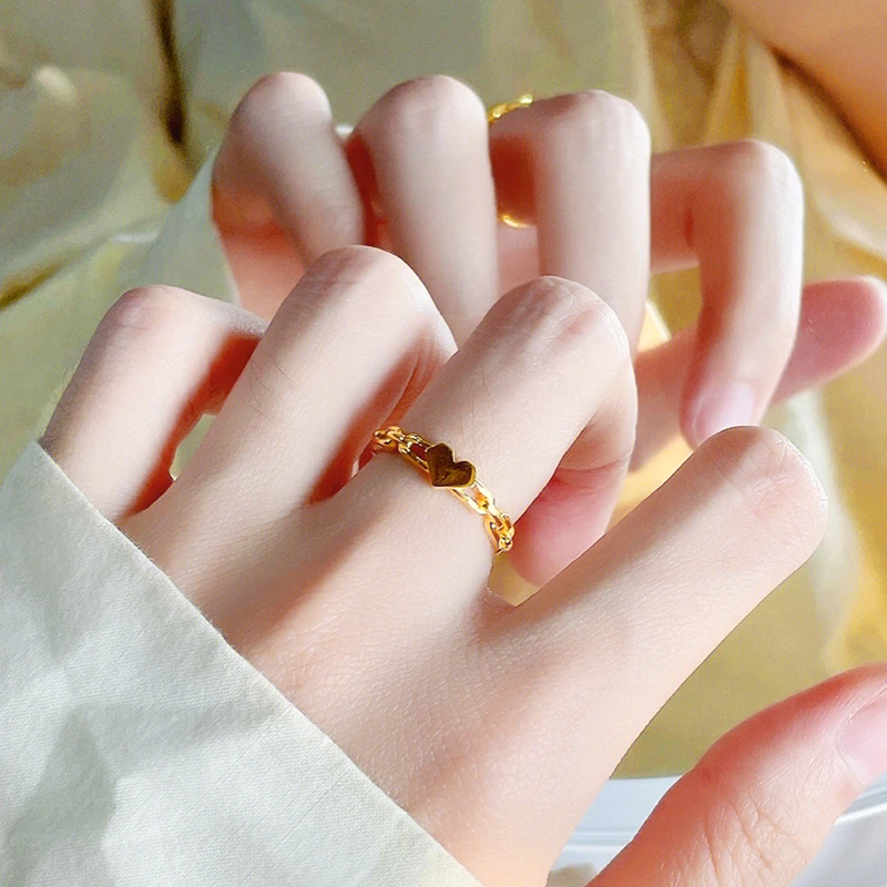 瑞诺黄金爱心戒指女2025新款999足金ins环环相扣几何指环送女朋友