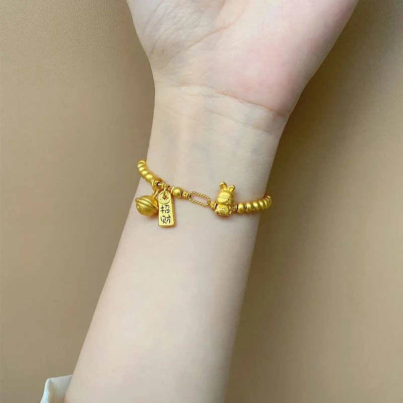 瑞诺足金999黄金小兔子手链满圈金珠招财铃铛手串节日送女友礼物
