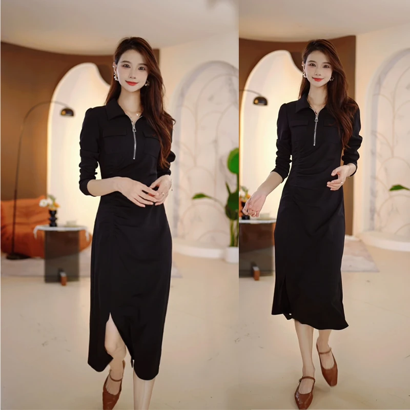 2025秋冬季新款拉链翻领时尚休闲减龄收腰显瘦打底女装长袖连衣裙