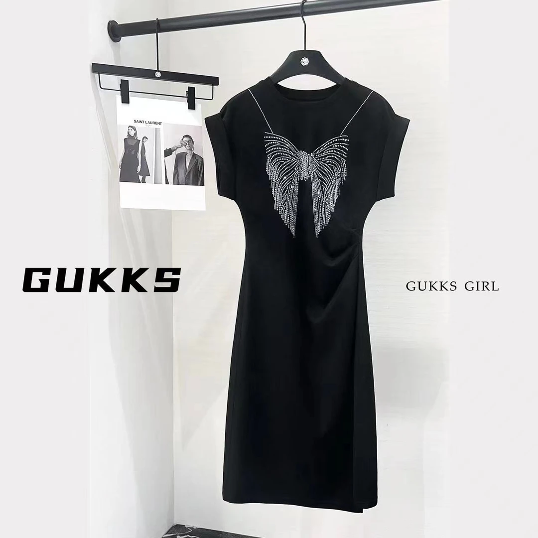 【COCO】GUKKS新款潮流重工烫钻蝴蝶设计时尚百搭连衣裙GK052