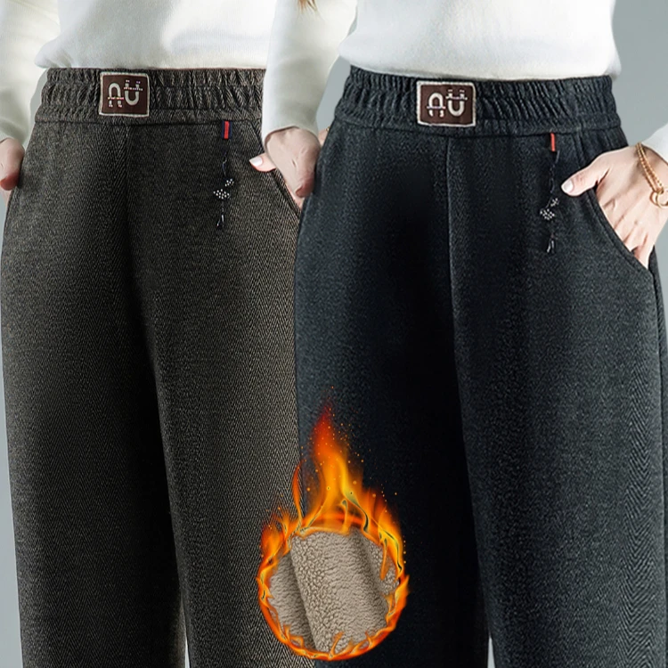 妈妈毛呢人字纹冬款加绒高腰休闲显瘦百搭中老年洋气时尚长裤