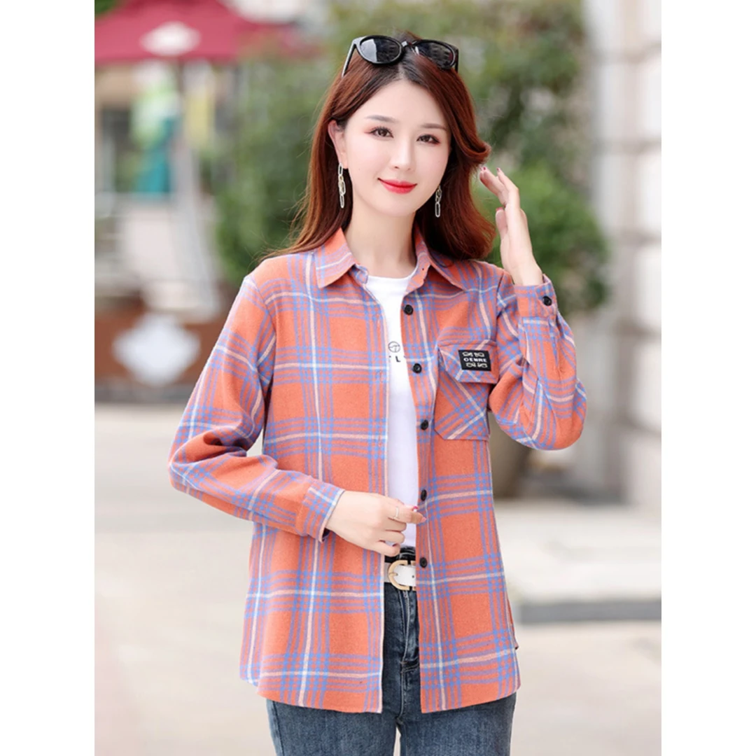 格子衬衫女2023春秋款宽松外套长袖韩版纯棉磨毛休闲百搭上衣衬衣
