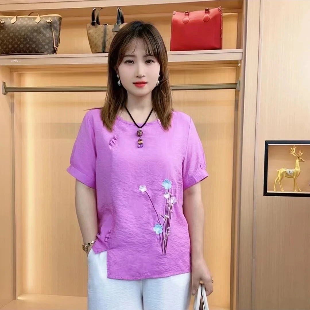 2023年夏装上衣时尚休闲百搭圆领显瘦气质宽松洋气小衫绣花纯色舒