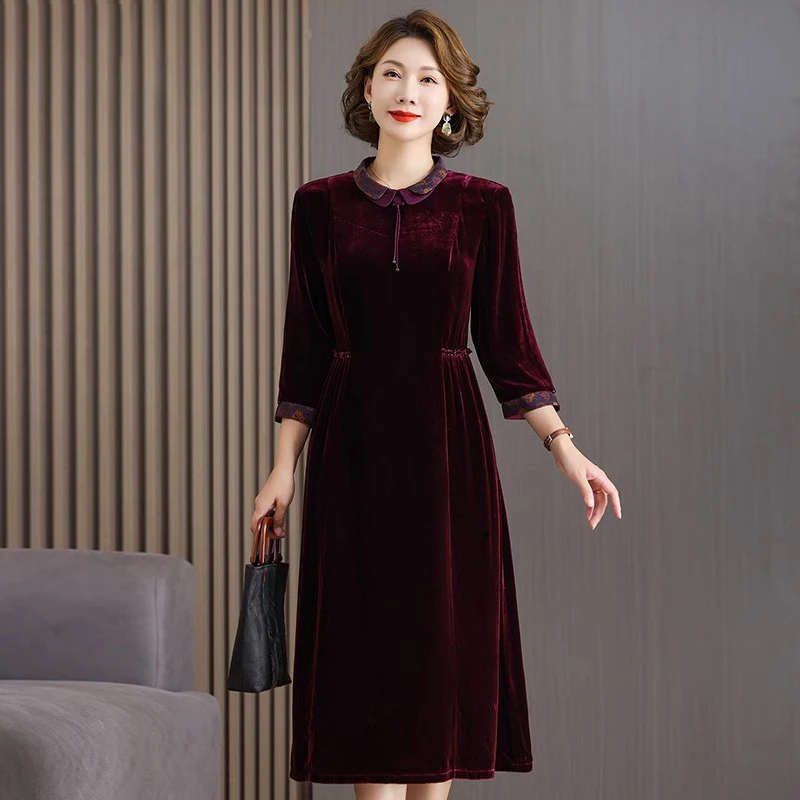 金丝绒高贵真丝绒连衣裙高端喜婆婆婚宴装礼服秋冬桑蚕丝丝绒真丝