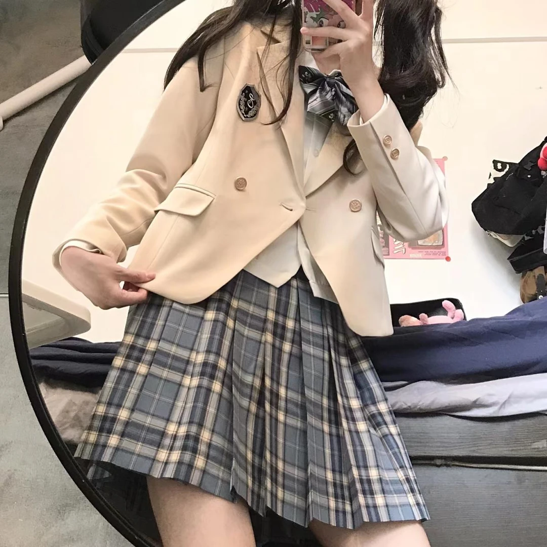 春日部【时津井】西装外套蓝杏色西服刺绣徽章jk制服校供感女长袖