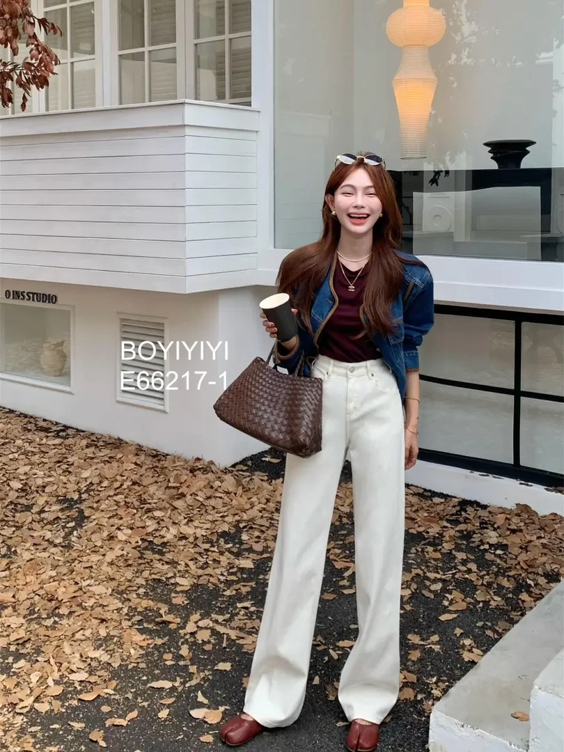 Boyiyiyi牛仔裤女剪标微瑕春秋季白色直筒弹力窄版阔腿裤66239