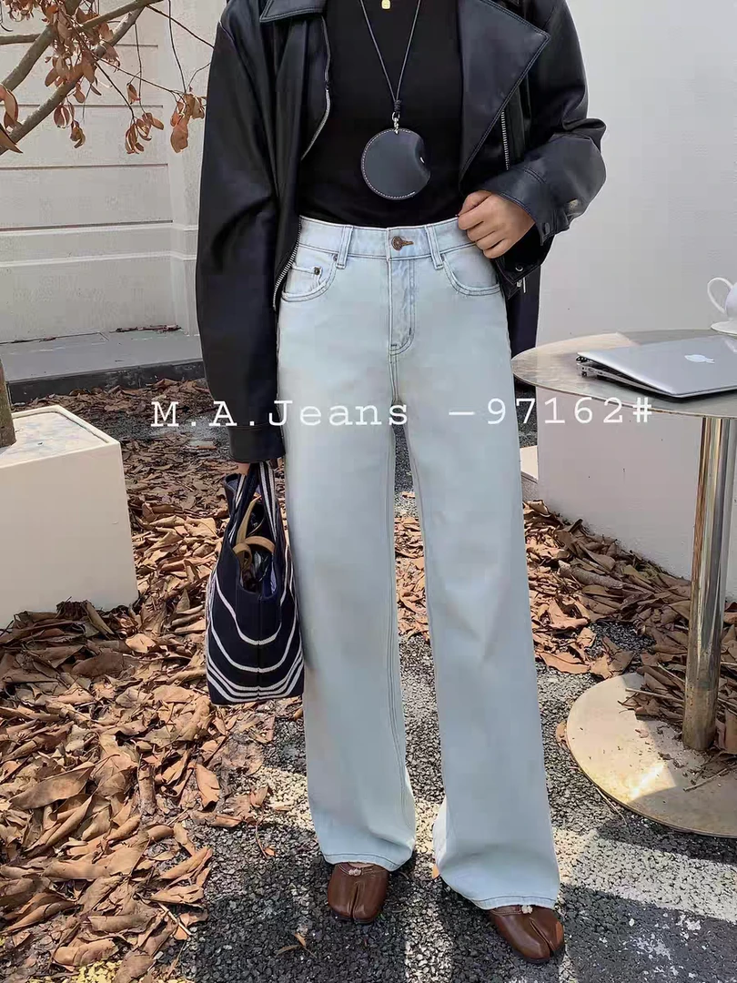 MA筒喇牛仔裤女剪标微瑕秋浅色窄版阔腿裤高腰四面弹拖地裤97162