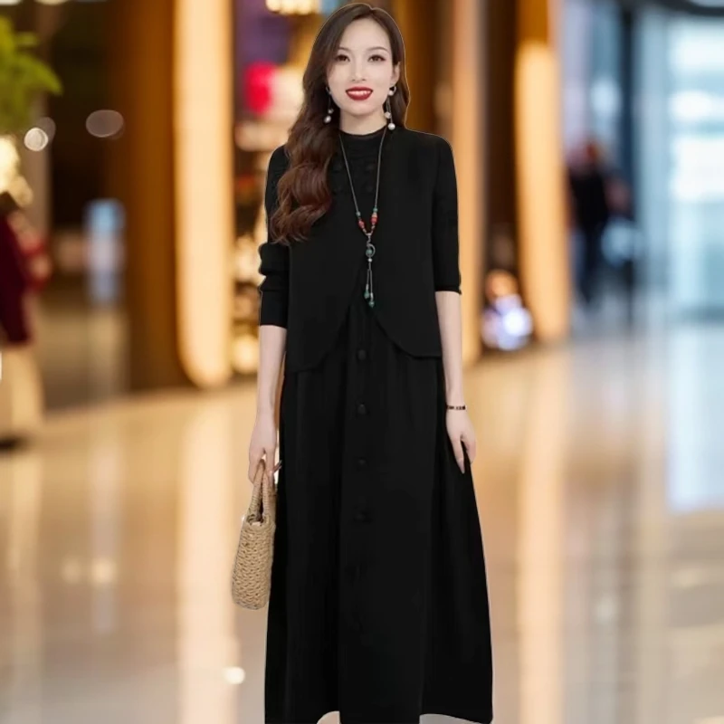 新中式名媛风秋冬连衣裙套装大码显瘦遮肉2025新款优雅高端马甲裙