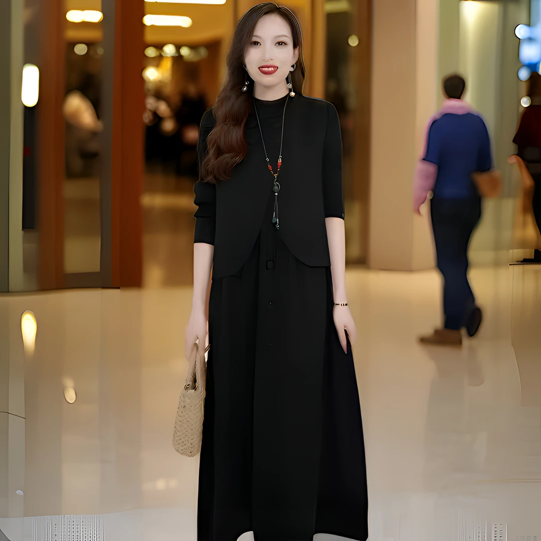2025秋冬套装高端气质洋气名媛大码新中式百搭新款遮肉马甲连衣裙