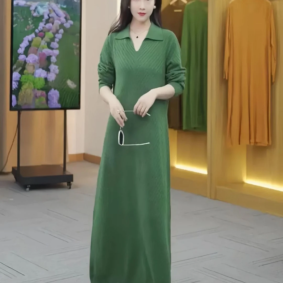 女士中长款洋气百搭针织打底裙V领高档毛衣裙加厚休闲过膝连衣裙A