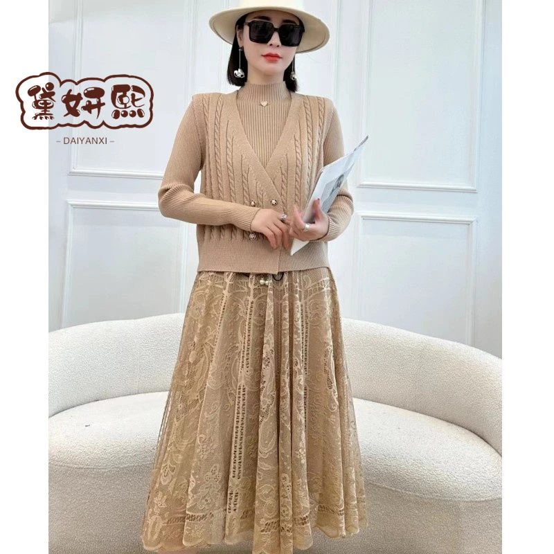 秋冬套装裙子两件套2025新款气质遮肉显瘦长款针织打底网纱连衣裙
