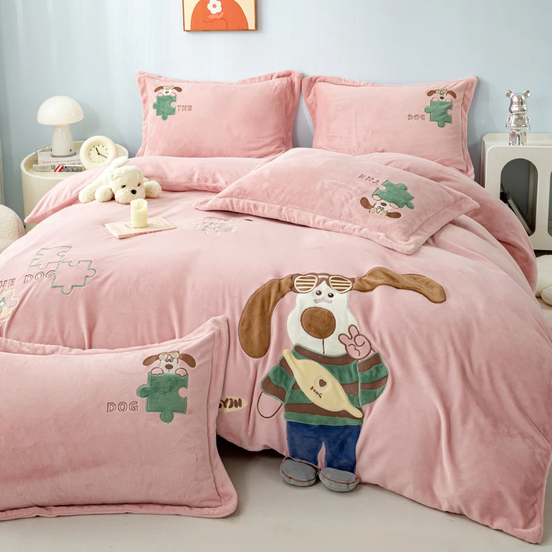 轻奢高端加厚牛奶绒四件套 秋冬保暖加绒卡通可爱学生毛绒宿舍