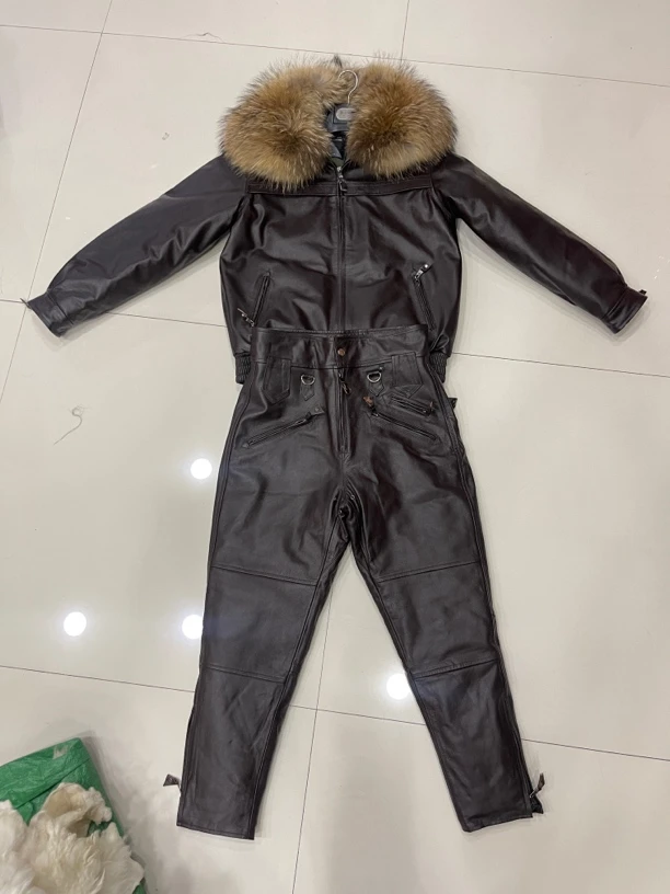 头层牛皮飞行服皮衣套装羊皮毛一体内胆可拆卸冬季保暖