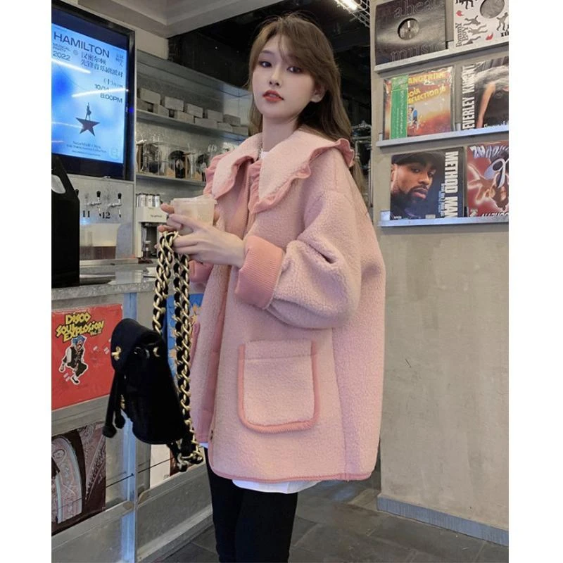 胖MM特大码2023年粉色娃娃领仿羊毛外套女秋冬季加厚宽松长袖上衣