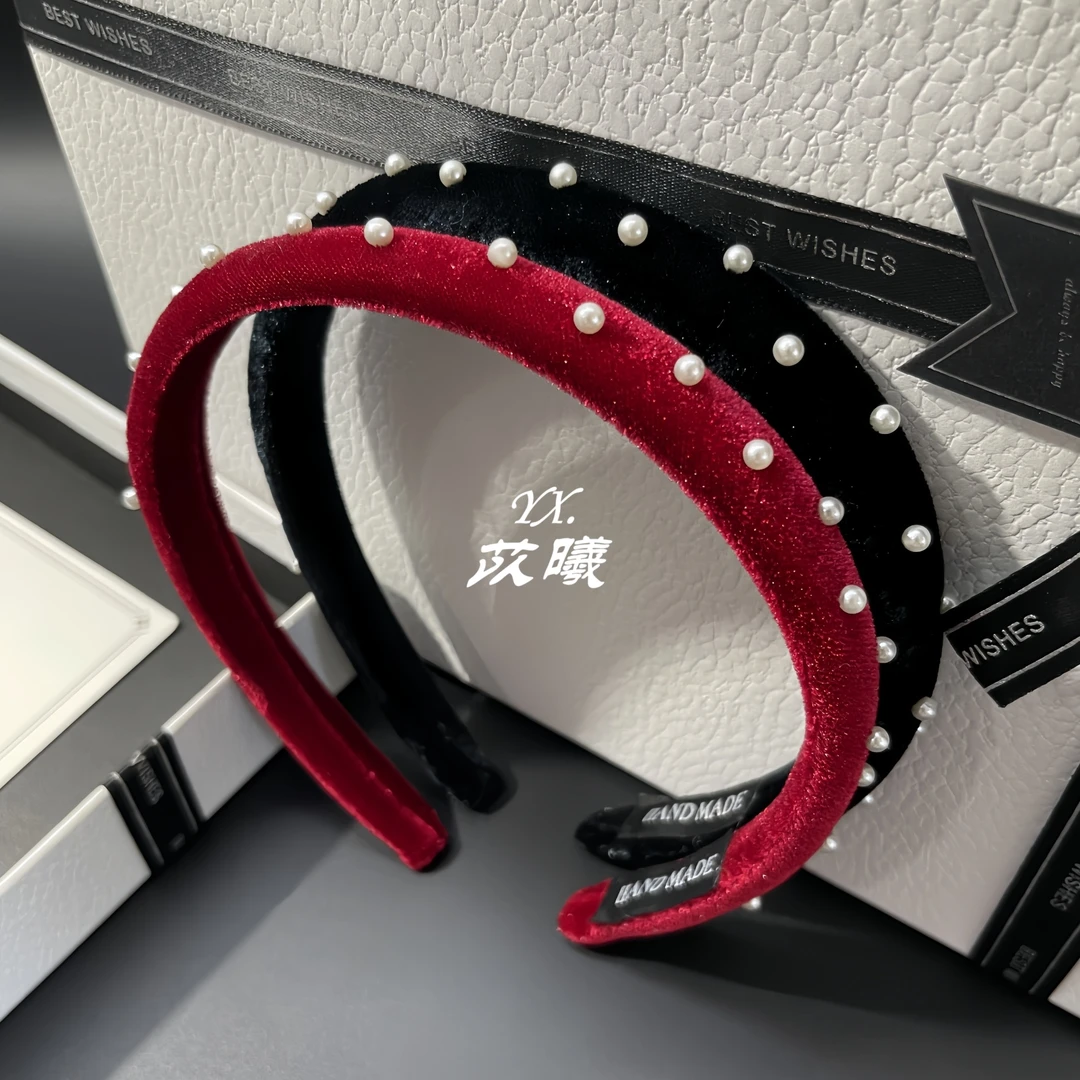 简约法式气质复古黑色丝绒珍珠细发箍时尚百搭优雅红色头箍发卡