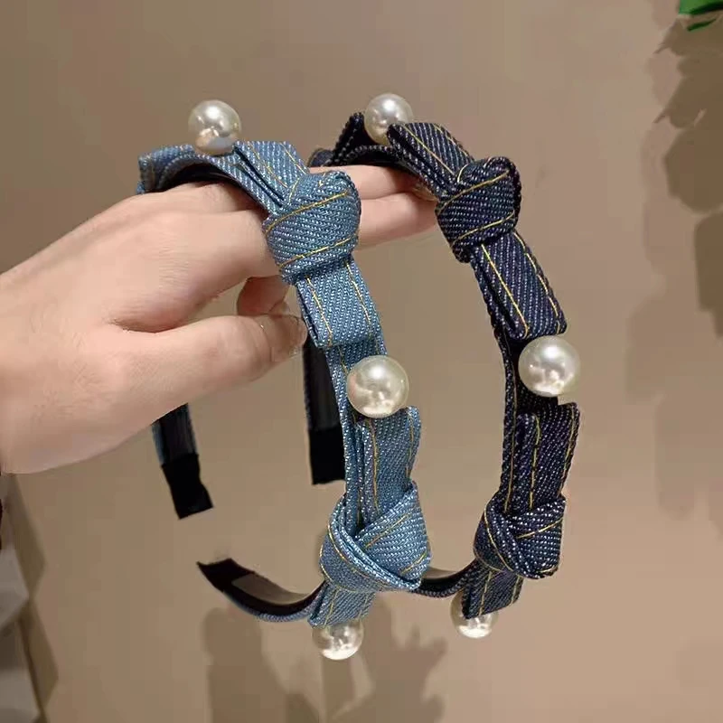 简约蓝色牛仔发箍百搭带齿防滑蝴蝶结珍珠头箍甜美减龄外出发卡