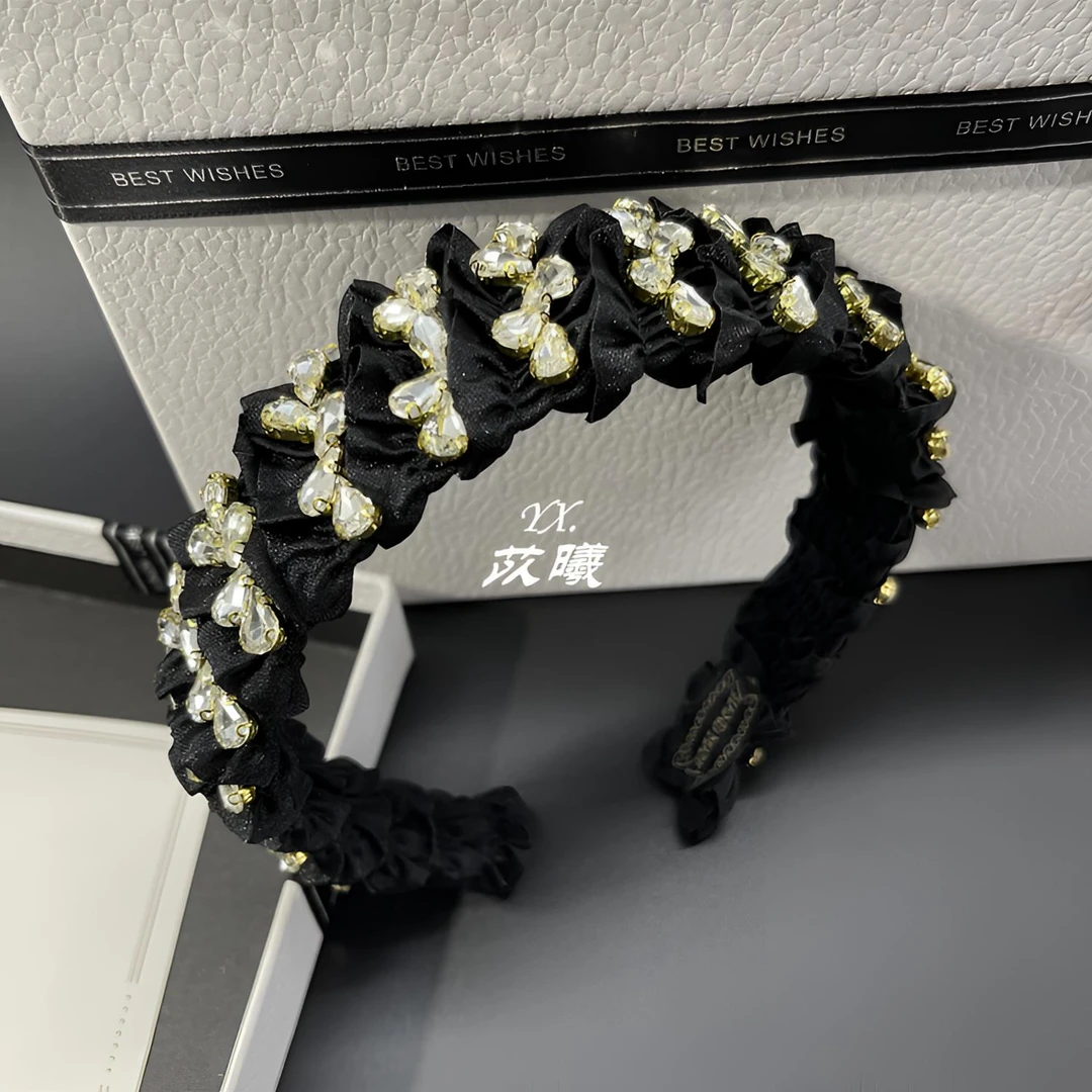 黑色新款时尚复古褶皱轻奢发箍重工高颅顶高级感头箍优雅百搭发卡