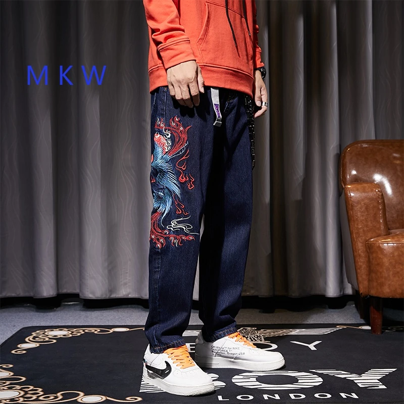 MKW原创 凤凰刺绣牛仔裤男女情侣装国潮牌宽松大码街头百搭长裤男