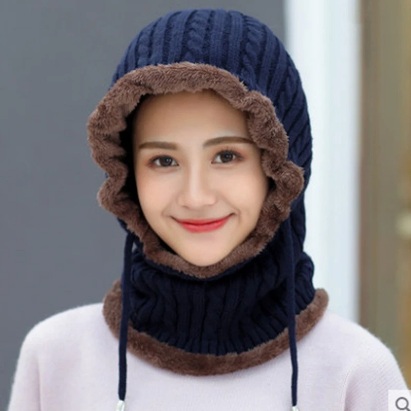 帽子围巾韩系一体女冬中老年毛线帽加厚百搭针织保暖防寒妈妈连帽