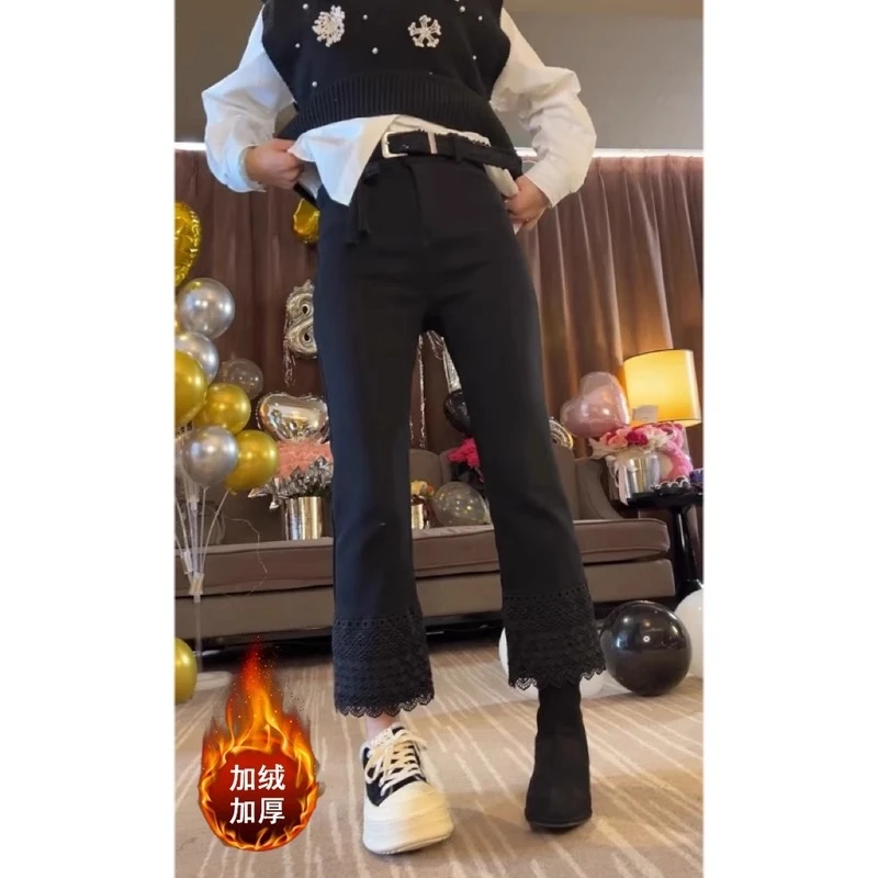 加绒加厚蕾丝拼接直筒烟管裤女冬季新款胖mm高腰显瘦九分休闲裤子