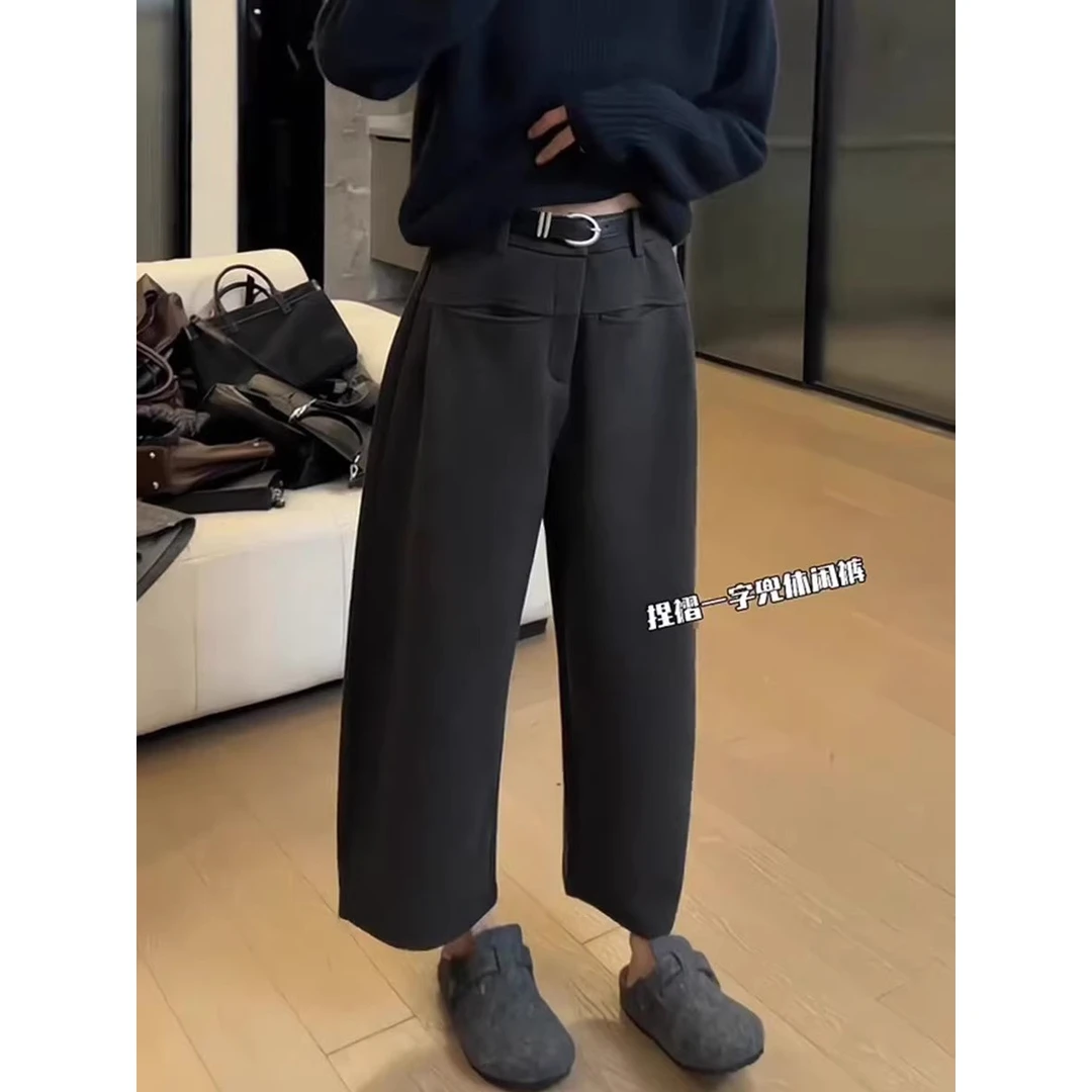 保暖加绒一字兜哈伦阔腿裤女冬季新款胖mm高腰宽松显瘦九分休闲裤