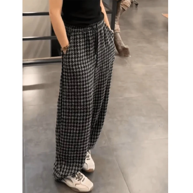 黑色格纹抽绳松紧腰休闲裤女2025春季新款胖mm宽松拖地宽松阔腿裤