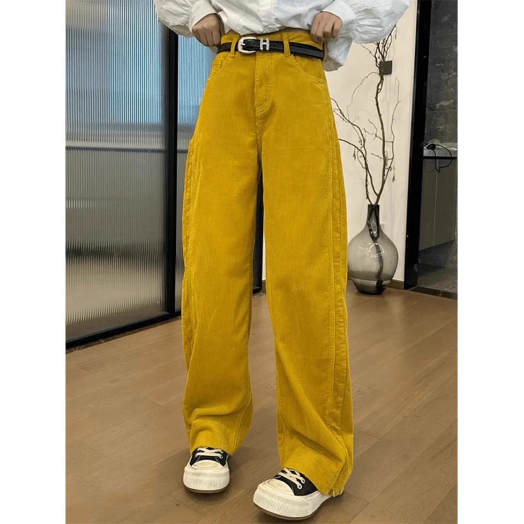 灯芯绒阔腿裤女秋冬新款梨形身材胖mm高腰显瘦欧货大码休闲弯刀裤