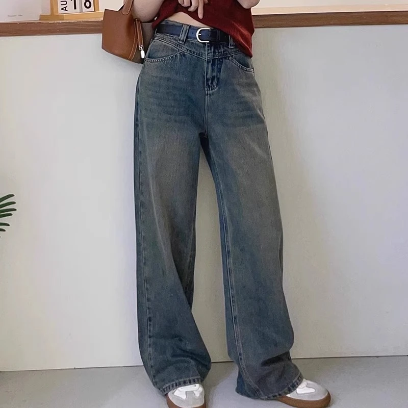 复古做旧直筒牛仔裤女春秋大码胖mm高腰宽松遮肉显瘦垂感阔腿长裤